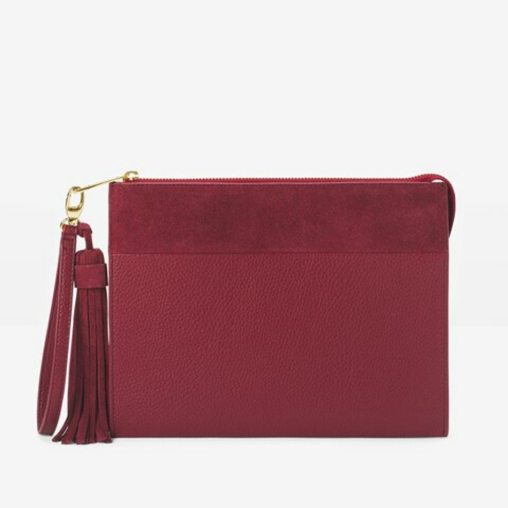 White House Black Market WHBM Suede tassel clutch